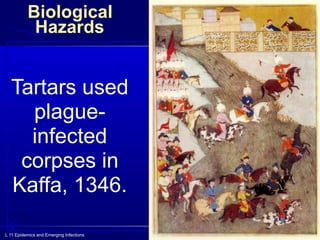 L 11 Epidemics and Emerging Infections 5
Biological
Hazards
Tartars used
plague-
infected
corpses in
Kaffa, 1346.
 