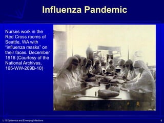 L 11 Epidemics and Emerging Infections 6
Influenza Pandemic
Nurses work in the
Red Cross rooms of
Seattle, WA with
“influenza masks” on
their faces. December
1918 (Courtesy of the
National Archives,
165-WW-269B-10)
 