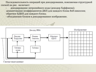Последовательность операций при декодировании, поясняемая структурной
схемой на рис. включает:
декодирование энтропийного кода (декодер Хаффмена);
-деквантование коэффициентов ДКП для каждого блока 8x8 пикселов;
-обратное БДКП для каждого блока;
- объединение блоков в декодированное изображение.

 