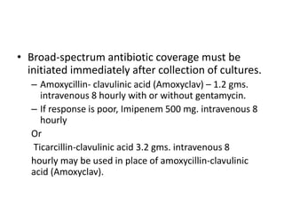 • Broad-spectrum antibiotic coverage must be
initiated immediately after collection of cultures.
– Amoxycillin- clavulinic acid (Amoxyclav) – 1.2 gms.
intravenous 8 hourly with or without gentamycin.
– If response is poor, Imipenem 500 mg. intravenous 8
hourly
Or
Ticarcillin-clavulinic acid 3.2 gms. intravenous 8
hourly may be used in place of amoxycillin-clavulinic
acid (Amoxyclav).
 