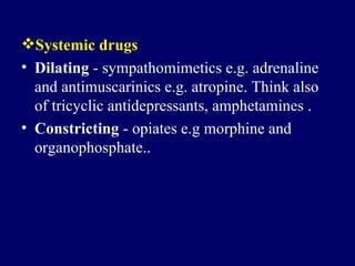 Systemic drugs Dilating  -  sympathomimetics e . g .  adrenaline and antimuscarinics e . g .  atropine .  Think also of tricyclic antidepressants, amphetamines . Constricting  -  opiates e . g morphine   and   organophosphate. .  