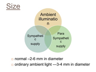 Size
 normal –2-6 mm in diameter
 ordinary ambient light ---3-4 mm in diameter
Ambient
illuminatio
n
Para
Sympatheti
c
supply
Sympatheti
c
supply
 