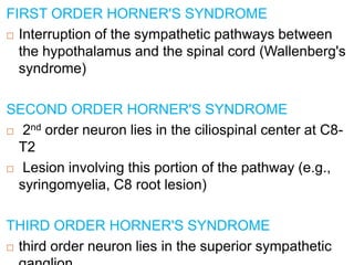 FIRST ORDER HORNER'S SYNDROME
 Interruption of the sympathetic pathways between
the hypothalamus and the spinal cord (Wallenberg's
syndrome)
SECOND ORDER HORNER'S SYNDROME
 2nd order neuron lies in the ciliospinal center at C8-
T2
 Lesion involving this portion of the pathway (e.g.,
syringomyelia, C8 root lesion)
THIRD ORDER HORNER'S SYNDROME
 third order neuron lies in the superior sympathetic
 