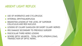 ABSENT LIGHT REFLEX
 USE OF MYDRIATICS AND CYCLOPLEGIC
 INTERNAL OPHTHALMOPLEGIA
 BRAINSTEM LESIONS AT THE LEVEL OF SUPERIOR
COLLICULUS AND RED NUCLEUS
 LESIONS OF CILIARY GANGLION OR SHORT CILIARY NERVES
 IRIS DAMAGE SECONDARY TO PREVIOUS SURGERY
 FASCICULAR THIRD NERVE LESIONS
 SEVERE OPTIC NEURITIS , TOTAL OPTIC ATROPHY,CRAO,
TRANSECTION OF OPTIC NERVE.
 
