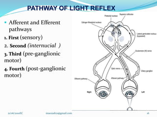 PATHWAY OF LIGHT REFLEX
 Afferent and Efferent
pathways
1. First (sensory)
2. Second (internucial )
3. Third (pre-ganglionic
motor)
4. Fourth (post-ganglionic
motor)
16
21/06/2010EC muezash21@gmail.com
 