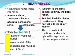 2. NEAR REFLEX
 A synkinesis rather than a
true reflex
 Accommodation,
convergence &miosis
• occipital association
cortex corticofugal
pretectal{ventral side }
 Edinger-Westphal
nuclei
 motor nuclei of the
 medial rectus muscles
nuclei of CN VI.
• Efferent fibers same
general pathway the light
reflex,
• but their final distribution
(via the short ciliary
nerves) is to the ciliary
muscle
• There is no clinical
condition in which the
light reflex is present but
the near response absent.
17
21/06/2010EC muezash21@gmail.com
 