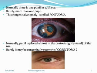 • Normally there is one pupil in each eye.
• Rarely, more than one pupil.
• This congenital anomaly is called POLYCORIA.
• Normally, pupil is placed almost in the centre (slightly nasal) of the
iris.
• Rarely it may be congenitally eccentric ( CORECTOPIA )
4
21/06/2010EC muezash21@gmail.com
 