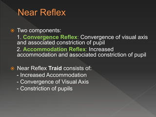  Two components:
1. Convergence Reflex: Convergence of visual axis
and associated constriction of pupil
2. Accommodation Reflex: Increased
accommodation and associated constriction of pupil
 Near Reflex Traid consists of:
- Increased Accommodation
- Convergence of Visual Axis
- Constriction of pupils
 