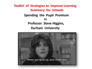 Toolkit of Strategies to Improve Learning 
Summary for Schools 
Spending the Pupil Premium 
By 
Professor Steve Higgins, 
Durham University 
 