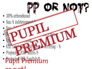 • 38% attendance 
• Has 4 Achievement Points 
• Has 3 Behaviour points 
• Doesn’t attend any Xtra activites 
• Lives in Wilmslow 
• KS2 Level for reading and writing - 4 
• Projected KS4 Maths D 
• Projected KS4 English D- 
Pupil Premium 
or not? 
 