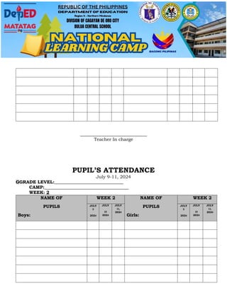 ______________________________
Teacher In charge
PUPIL’S ATTENDANCE
July 9-11, 2024
GGRADE LEVEL:_______________________________
CAMP:______________________________________
WEEK: 2
NAME OF
PUPILS
Boys:
WEEK 2 NAME OF
PUPILS
Girls:
WEEK 2
JULY
9
2024
JULY
10
2024
JULY
11,
2024
JULY
9
2024
JULY
10
2024
JULY
11,
2024