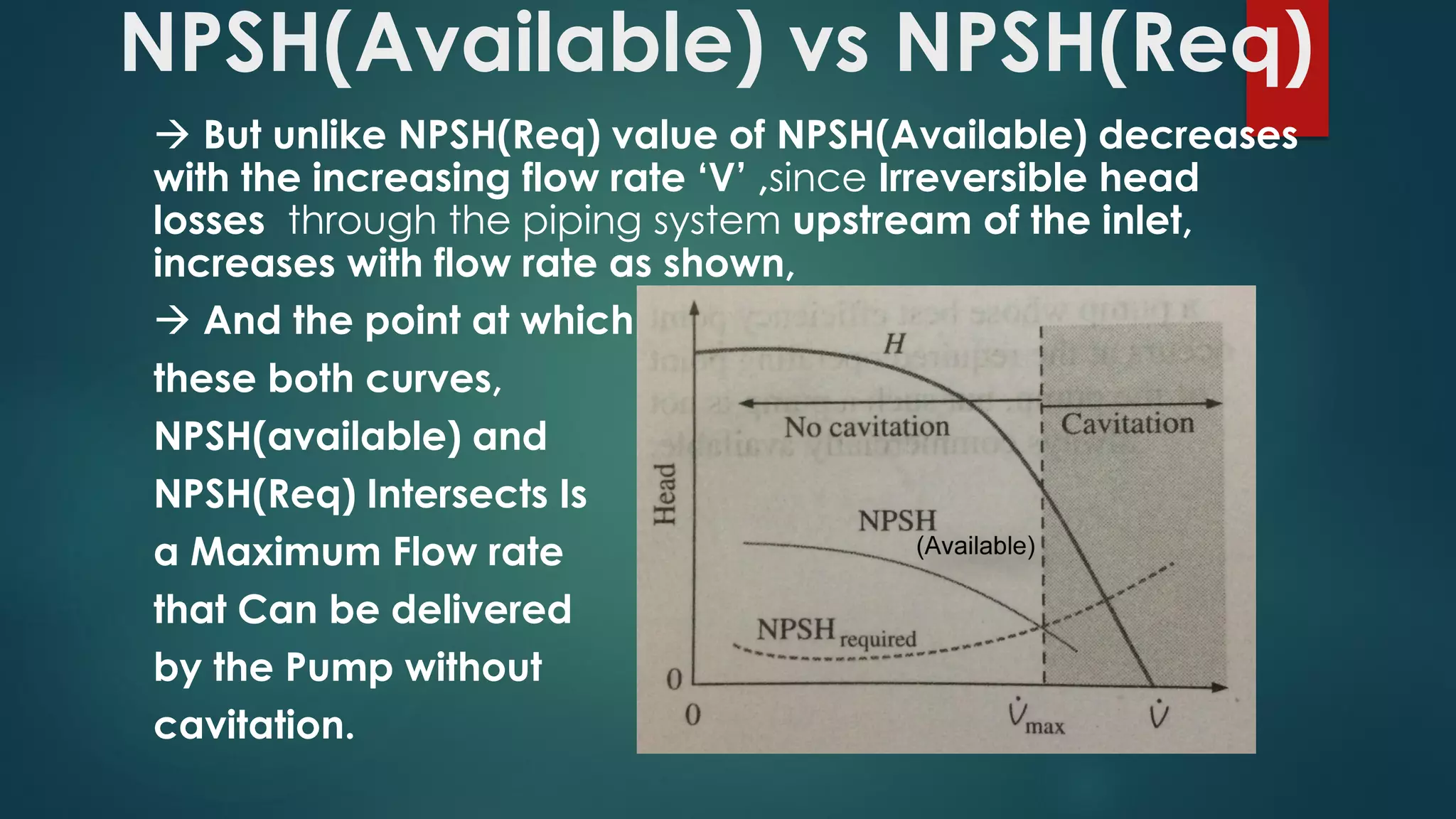 NPSH(Available) vs NPSH(Req)
 But unlike NPSH(Req) value of NPSH(Available) decreases
with the increasing flow rate ‘V’ ,since Irreversible head
losses through the piping system upstream of the inlet,
increases with flow rate as shown,
 And the point at which
these both curves,
NPSH(available) and
NPSH(Req) Intersects Is
a Maximum Flow rate
that Can be delivered
by the Pump without
cavitation.
 
