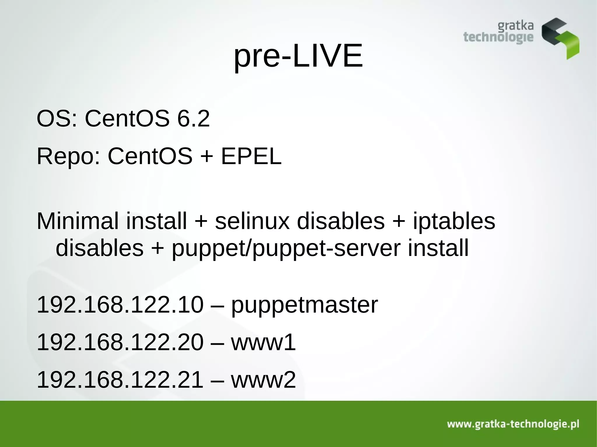 pre-LIVE
OS: CentOS 6.2
Repo: CentOS + EPEL

Minimal install + selinux disables + iptables
 disables + puppet/puppet-server install

192.168.122.10 – puppetmaster
192.168.122.20 – www1
192.168.122.21 – www2
 