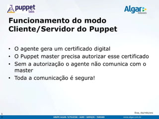 Área, dia/mês/ano
Funcionamento do modo
Cliente/Servidor do Puppet
• O agente gera um certificado digital
• O Puppet master precisa autorizar esse certificado
• Sem a autorização o agente não comunica com o
master
• Toda a comunicação é segura!
1
3
 