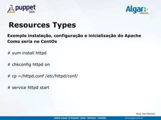 Área, dia/mês/ano
Resources Types
Exemplo instalação, configuração e inicialização do Apache
Como seria no CentOs
# yum install httpd
# chkconfig httpd on
# cp ~/httpd.conf /etc/httpd/conf/
# service httpd start
 