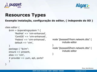 Área, dia/mês/ano
Resources Types
Exemplo instalação, configuração do editor, ( independe do SO )
class editor {
$vim = $operatingsystem ? {
'RedHat' => 'vim-enhanced',
'CentOS' => 'vim-enhanced',
'Fedora' => 'vim-enhanced',
default => 'vim',
}
package { "$vim":
ensure => present,
alias => 'vim',
# provider => yum, apt, ports?
}
}
node “jbossas01hom.network.ctbc” {
include editor
}
node “jbossas02hom.network.ctbc” {
include editor
}
 