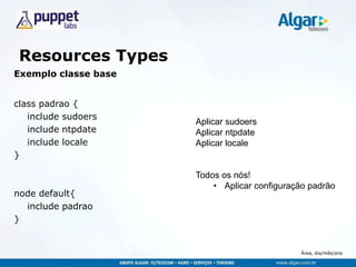 Área, dia/mês/ano
Resources Types
Exemplo classe base
class padrao {
include sudoers
include ntpdate
include locale
}
node default{
include padrao
}
Aplicar sudoers
Aplicar ntpdate
Aplicar locale
Todos os nós!
• Aplicar configuração padrão
 
