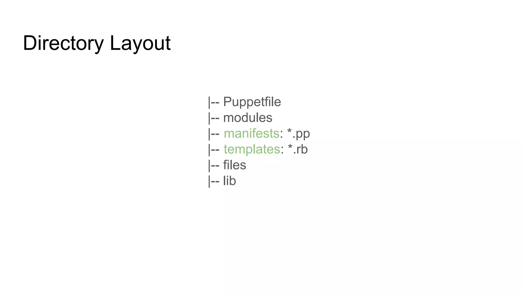 Directory Layout
|-- Puppetfile
|-- modules
|-- manifests: *.pp
|-- templates: *.rb
|-- files
|-- lib
 