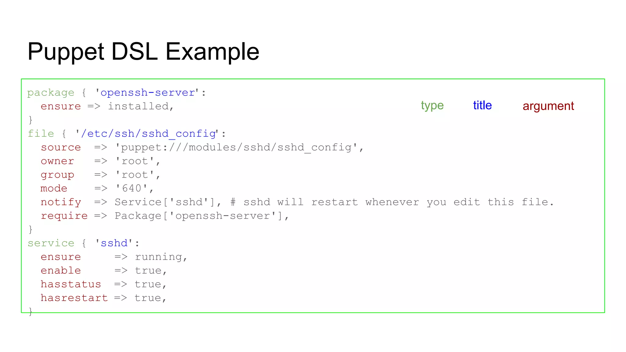 Puppet DSL Example
package { 'openssh-server':
ensure => installed,
}
file { '/etc/ssh/sshd_config':
source => 'puppet:///modules/sshd/sshd_config',
owner => 'root',
group => 'root',
mode => '640',
notify => Service['sshd'], # sshd will restart whenever you edit this file.
require => Package['openssh-server'],
}
service { 'sshd':
ensure => running,
enable => true,
hasstatus => true,
hasrestart => true,
}
type title argument
 