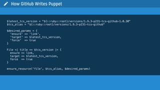  How GitHub Writes Puppet
$latest_tcs_version = "${::ruby::root}/versions/1.9.3-p231-tcs-github-1.0.30"
$tcs_alias = "${::ruby::root}/versions/1.9.3-p231-tcs-github"
$desired_params = {
'ensure' => 'link',
'target' => $latest_tcs_version,
'force' => true
}
File <| title == $tcs_version |> {
ensure => link,
target => $latest_tcs_version,
force => true
}
ensure_resource('file', $tcs_alias, $desired_params)
 