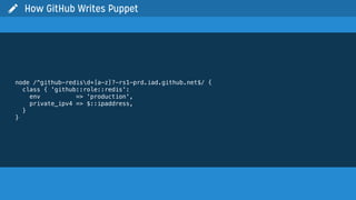 node /^github-redisd+[a-z]?-rs1-prd.iad.github.net$/ {
class { 'github::role::redis':
env => 'production',
private_ipv4 => $::ipaddress,
}
}
 How GitHub Writes Puppet
 