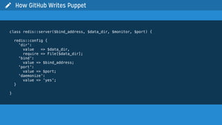 class redis::server($bind_address, $data_dir, $monitor, $port) {
redis::config {
'dir':
value => $data_dir,
require => File[$data_dir];
'bind':
value => $bind_address;
'port':
value => $port;
'daemonize':
value => 'yes';
}
}
 How GitHub Writes Puppet
 