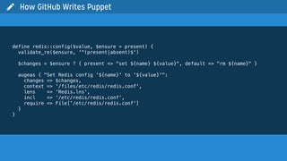 define redis::config($value, $ensure = present) {
validate_re($ensure, '^(present|absent)$')
$changes = $ensure ? { present => "set ${name} ${value}", default => "rm ${name}" }
augeas { "Set Redis config '${name}' to '${value}'":
changes => $changes,
context => '/files/etc/redis/redis.conf',
lens => 'Redis.lns',
incl => '/etc/redis/redis.conf',
require => File['/etc/redis/redis.conf']
}
}
 How GitHub Writes Puppet
 