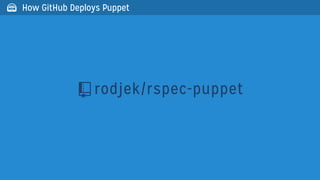 rodjek/rspec-puppet
 How GitHub Deploys Puppet
 