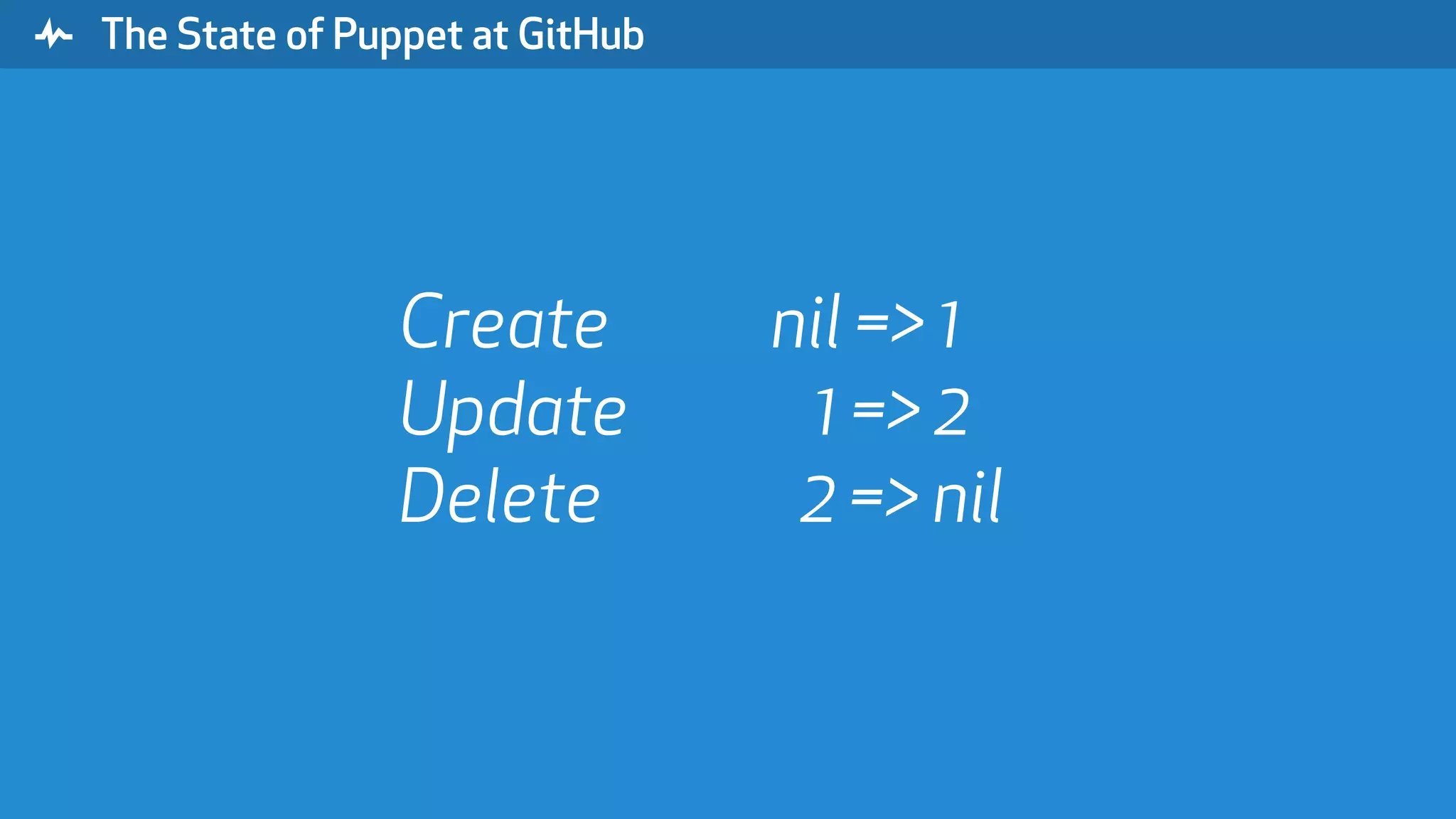 " The State of Puppet at GitHub Create nil => 1 Update 1 => 2 Delete 2 => nil 