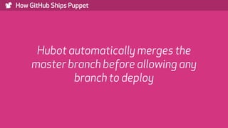 ) How GitHub Ships Puppet
Hubot automatically merges the
master branch before allowing any
branch to deploy
 
