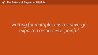 * The Future of Puppet at GitHub
waiting for multiple runs to converge
exported resources is painful
 