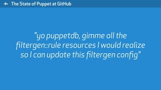 " The State of Puppet at GitHub
"yo puppetdb, gimme all the
ﬁltergen::rule resources I would realize
so I can update this ﬁltergen conﬁg"
 