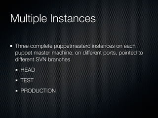 Handling many clients

Distribute:
  the SVN tree (eliminate the SPOF)
  Use more puppet servers
Rsync manifests, then run...