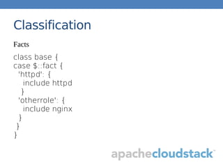 Classification
Facts
class base {
case $::fact {
'httpd': {
include httpd
}
'otherrole': {
include nginx
}
}
}
 