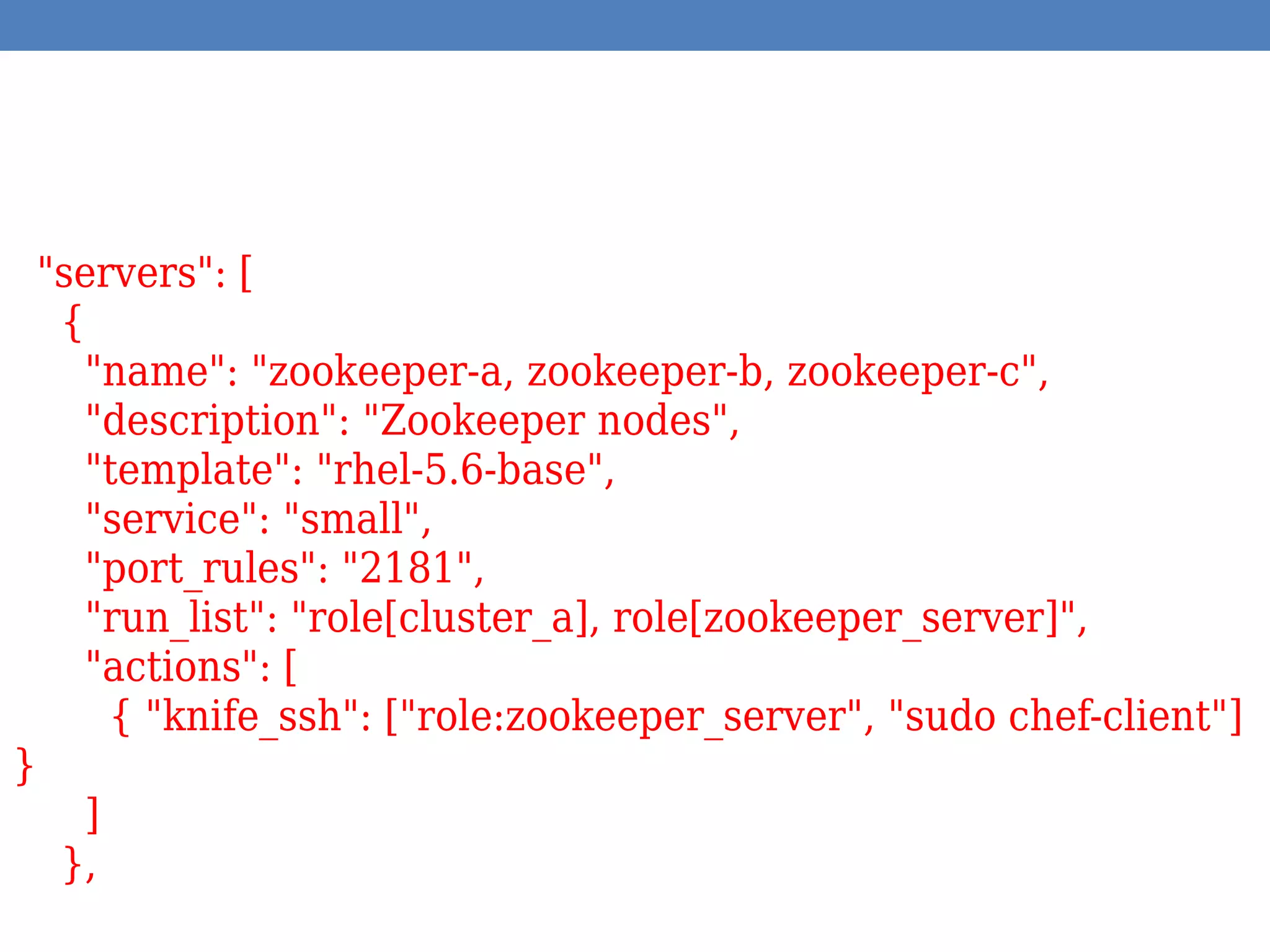 "servers": [
{
"name": "zookeeper-a, zookeeper-b, zookeeper-c",
"description": "Zookeeper nodes",
"template": "rhel-5.6-base",
"service": "small",
"port_rules": "2181",
"run_list": "role[cluster_a], role[zookeeper_server]",
"actions": [
{ "knife_ssh": ["role:zookeeper_server", "sudo chef-client"]
}
]
},
 