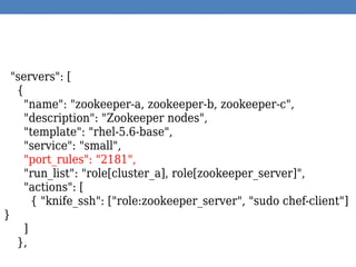 "servers": [
{
"name": "zookeeper-a, zookeeper-b, zookeeper-c",
"description": "Zookeeper nodes",
"template": "rhel-5.6-base",
"service": "small",
"port_rules": "2181",
"run_list": "role[cluster_a], role[zookeeper_server]",
"actions": [
{ "knife_ssh": ["role:zookeeper_server", "sudo chef-client"]
}
]
},
 