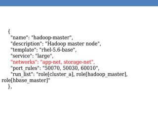 {
"name": "hadoop-master",
"description": "Hadoop master node",
"template": "rhel-5.6-base",
"service": "large",
"networks": "app-net, storage-net",
"port_rules": "50070, 50030, 60010",
"run_list": "role[cluster_a], role[hadoop_master],
role[hbase_master]"
},
 