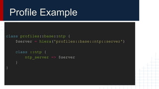 Profile Example
class profiles::base::ntp {
$server = hiera('profiles::base::ntp::server')
class ::ntp {
ntp_server => $server
}
}
 
