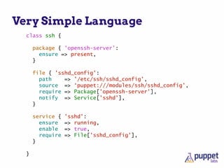 Very Simple Language
class ssh {
package { 'openssh-server':
ensure => present,
}
file { 'sshd_config':
path => '/etc/ssh/sshd_config',
source => ‘puppet:///modules/ssh/sshd_config',
require => Package['openssh-server'],
notify => Service['sshd'],
}
service { 'sshd':
ensure => running,
enable => true,
require => File['sshd_config'],
}
}
 
