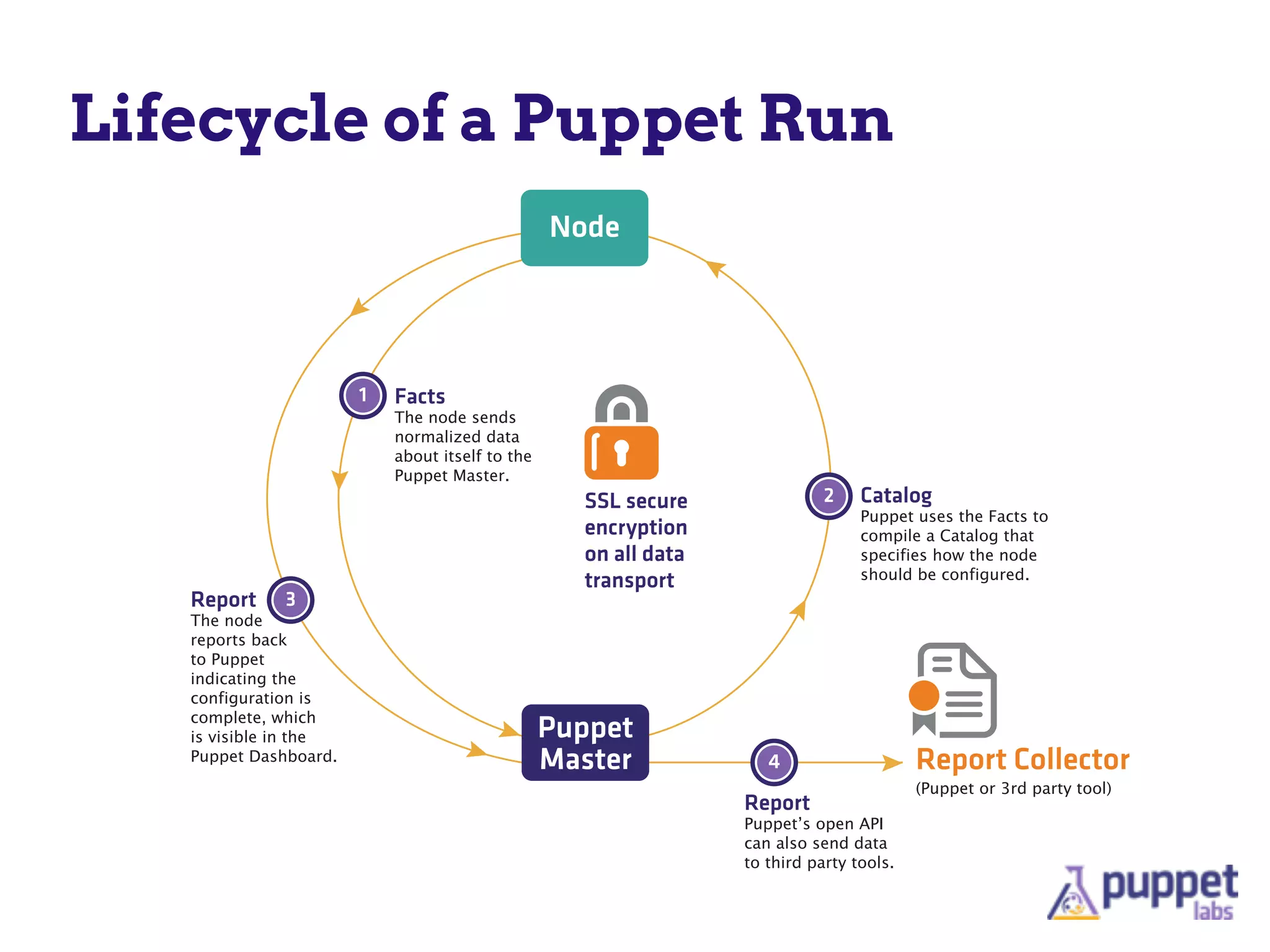Facts
The node sends
normalized data
about itself to the
Puppet Master.
1
Catalog
Puppet uses the Facts to
compile a Catalog that
specifies how the node
should be configured.
2
Report
Puppetʼs open API
can also send data
to third party tools.
4
Report
The node
reports back
to Puppet
indicating the
configuration is
complete, which
is visible in the
Puppet Dashboard.
3
Report Collector
(Puppet or 3rd party tool)
Node
Puppet
Master
SSL secure
encryption
on all data
transport
Lifecycle of a Puppet Run
 