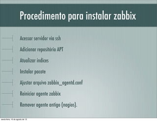 Procedimento para instalar zabbix
Acessar servidor via ssh
Adicionar repositório APT
Atualizar índices
Instalar pacote
Ajustar arquivo zabbix_agentd.conf
Reiniciar agente zabbix
Remover agente antigo (nagios).
sexta-feira, 16 de agosto de 13
 