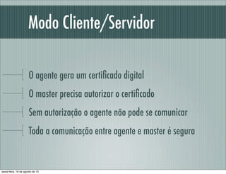 Modo Cliente/Servidor
O agente gera um certiﬁcado digital
O master precisa autorizar o certiﬁcado
Sem autorização o agente não pode se comunicar
Toda a comunicação entre agente e master é segura
sexta-feira, 16 de agosto de 13
 