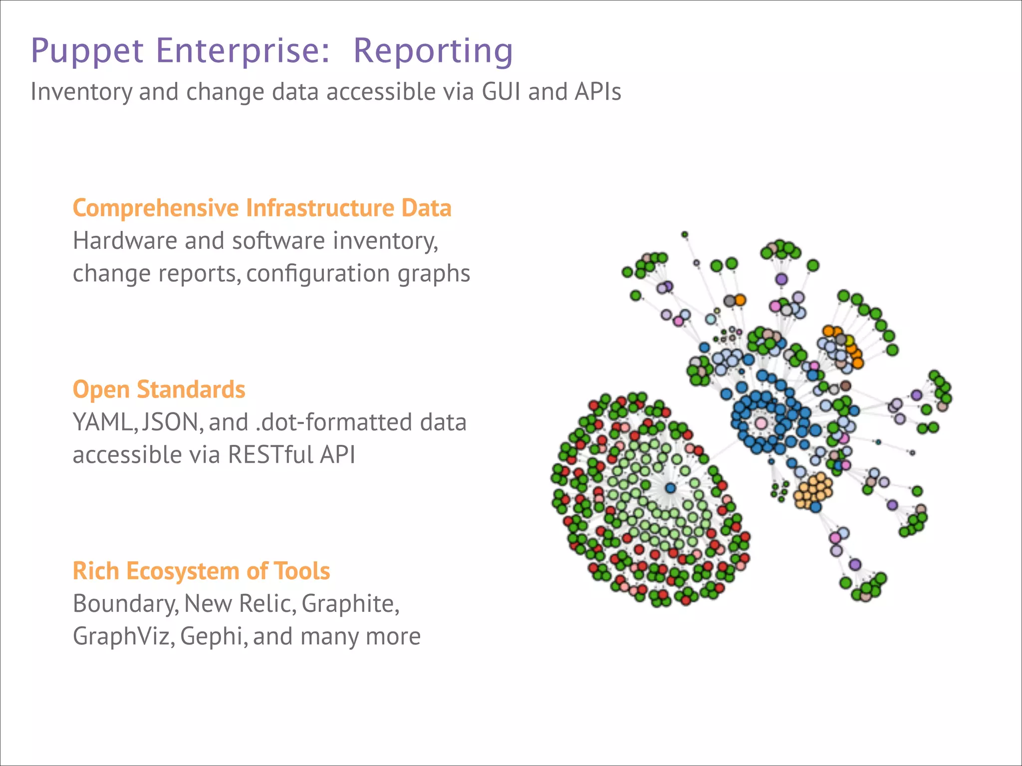Puppet Enterprise: Reporting
Inventory and change data accessible via GUI and APIs

Comprehensive Infrastructure Data 
Hardware and software inventory,
change reports, conﬁguration graphs



!
!
Open Standards 
YAML, JSON, and .dot-formatted data
accessible via RESTful API



!
!
Rich Ecosystem of Tools 
Boundary, New Relic, Graphite,
GraphViz, Gephi, and many more

 