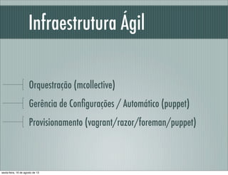 Infraestrutura Ágil
Orquestração (mcollective)
Gerência de Conﬁgurações / Automático (puppet)
Provisionamento (vagrant/raz...