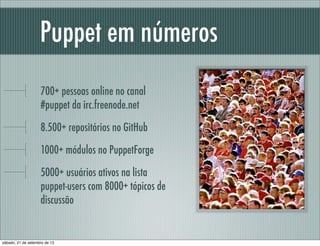 Puppet em números
700+ pessoas online no canal
#puppet da irc.freenode.net
8.500+ repositórios no GitHub
1000+ módulos no ...