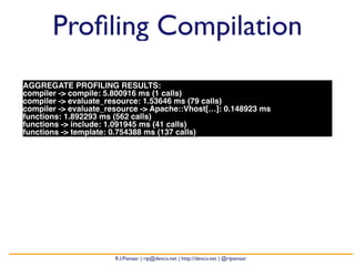 Profiling Compilation 
AGGREGATE PROFILING RESULTS: 
compiler -> compile: 5.800916 ms (1 calls) 
compiler -> evaluate_resource: 1.53646 ms (79 calls) 
compiler -> evaluate_resource -> Apache::Vhost[…]: 0.148923 ms 
functions: 1.892293 ms (562 calls) 
functions -> include: 1.091945 ms (41 calls) 
functions -> template: 0.754388 ms (137 calls) 
R.I.Pienaar | rip@devco.net | http://devco.net | @ripienaar 
 