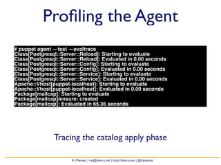Profiling the Agent 
# puppet agent —test —evaltrace 
Class[Postgresql::Server::Reload]: Starting to evaluate 
Class[Postgresql::Server::Reload]: Evaluated in 0.00 seconds 
Class[Postgresql::Server::Config]: Starting to evaluate 
Class[Postgresql::Server::Config]: Evaluated in 0.00 seconds 
Class[Postgresql::Server::Service]: Starting to evaluate 
Class[Postgresql::Server::Service]: Evaluated in 0.00 seconds 
Apache::Vhost[puppet-localhost]: Starting to evaluate 
Apache::Vhost[puppet-localhost]: Evaluated in 0.00 seconds 
Package[mailcap]: Starting to evaluate 
Package[mailcap]/ensure: created 
Package[mailcap]: Evaluated in 65.36 seconds 
Tracing the catalog apply phase 
R.I.Pienaar | rip@devco.net | http://devco.net | @ripienaar 
 