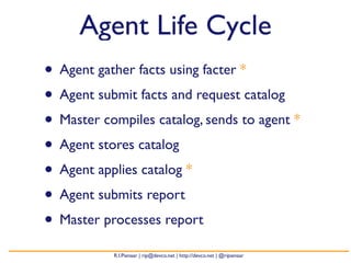 Agent Life Cycle 
• Agent gather facts using facter * 
• Agent submit facts and request catalog 
• Master compiles catalog, sends to agent * 
• Agent stores catalog 
• Agent applies catalog * 
• Agent submits report 
• Master processes report 
R.I.Pienaar | rip@devco.net | http://devco.net | @ripienaar 
 