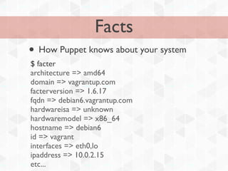 Facts
• How Puppet knows about your system
$ facter
architecture => amd64
domain => vagrantup.com
facterversion => 1.6.17
fqdn => debian6.vagrantup.com
hardwareisa => unknown
hardwaremodel => x86_64
hostname => debian6
id => vagrant
interfaces => eth0,lo
ipaddress => 10.0.2.15
etc...
 