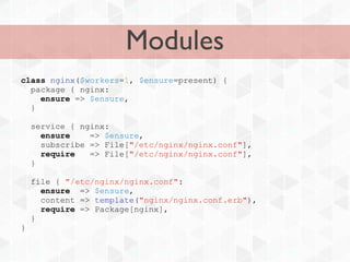 Modules
class nginx($workers=1, $ensure=present) {
  package { nginx:
    ensure => $ensure,
  }

    service { nginx:
      ensure    => $ensure,
      subscribe => File["/etc/nginx/nginx.conf"],
      require   => File["/etc/nginx/nginx.conf"],
    }

    file { "/etc/nginx/nginx.conf":
      ensure => $ensure,
      content => template("nginx/nginx.conf.erb"),
      require => Package[nginx],
    }
}
 